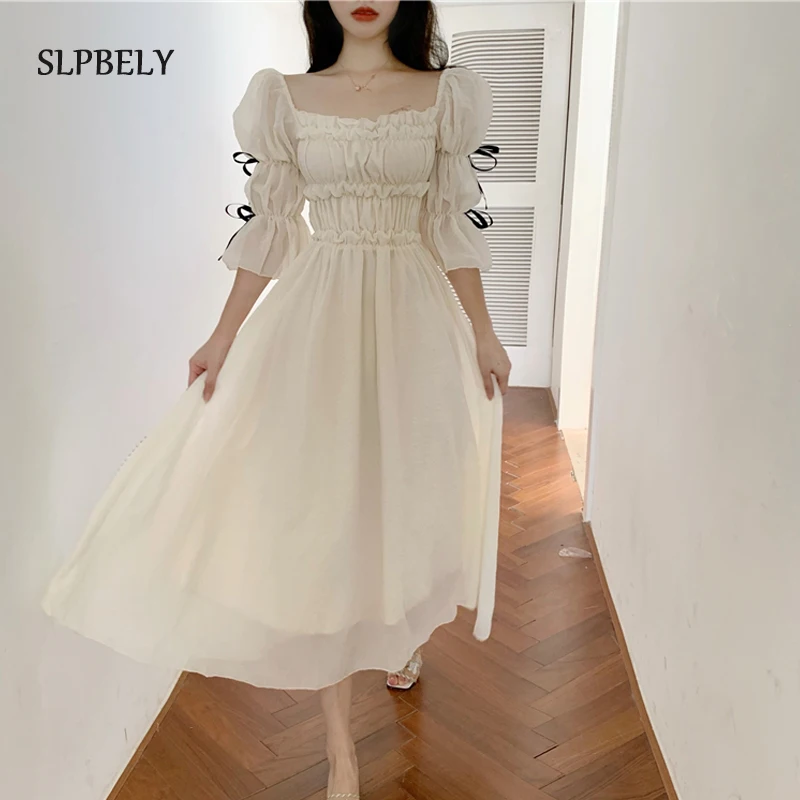 

SLPBELY Vintage Elegant Dress Women Square Collar Chiffon French Bow Dress Puff Sleeve Long Dress Fall Party Dresses Vestido