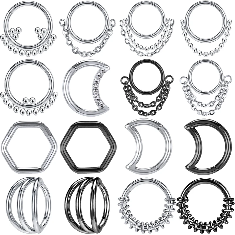 

AOEDEJ 16G CZ Cartilage Helix Piercing Black Plated Nose Ring Men Septum Piercing Ring Moon Spring Nose Piercing Stainless Steel