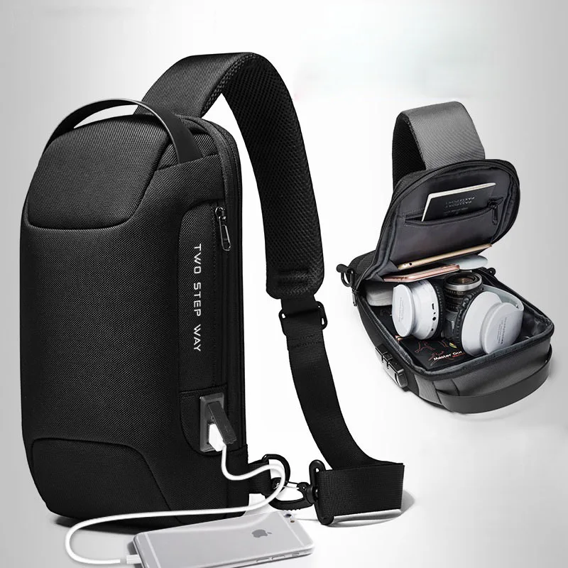 

2020 New Men's Chest Bag Waterproof Business Shoulder Bag TSA Anti-theft Lock Crossbody Bag USB Charging Zipper Sling Bag