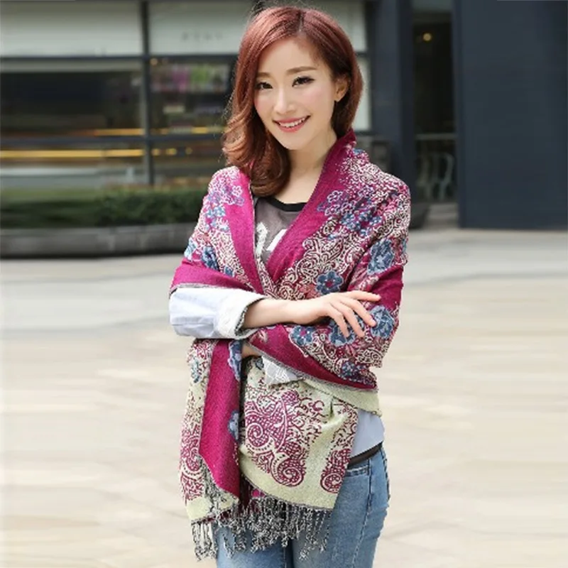 

Women Autumn And Winter Thick Hot And Cold Big Shawl Ethnic Style Colorful Peony Flower Cotton Linen Scarf