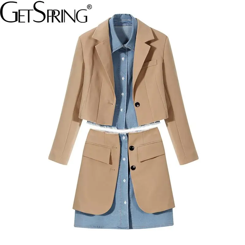 

Getspring Women Set Color Matching Splicing Short Blazer Coats Asymmetry High Waist Skirts Spring/autumn Two-piece Suit 2021 New