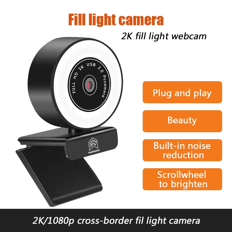

Auto focus HD webcam 2K USB camera with Selfie light built in microphone for PC