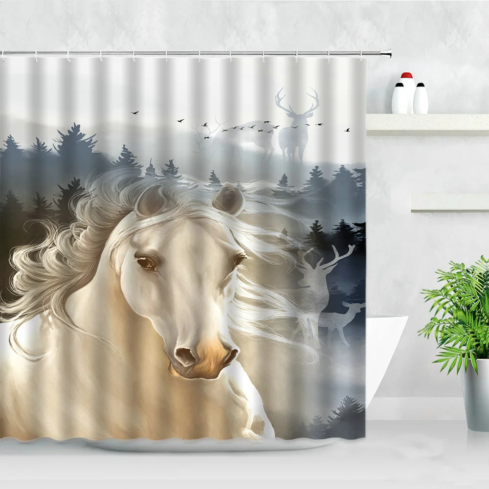 

White Horse Shower Curtains Animal Creative Forest Elk Background 3D Printing Home Decor Hooks Bathtub Screens Bathroom Curtain