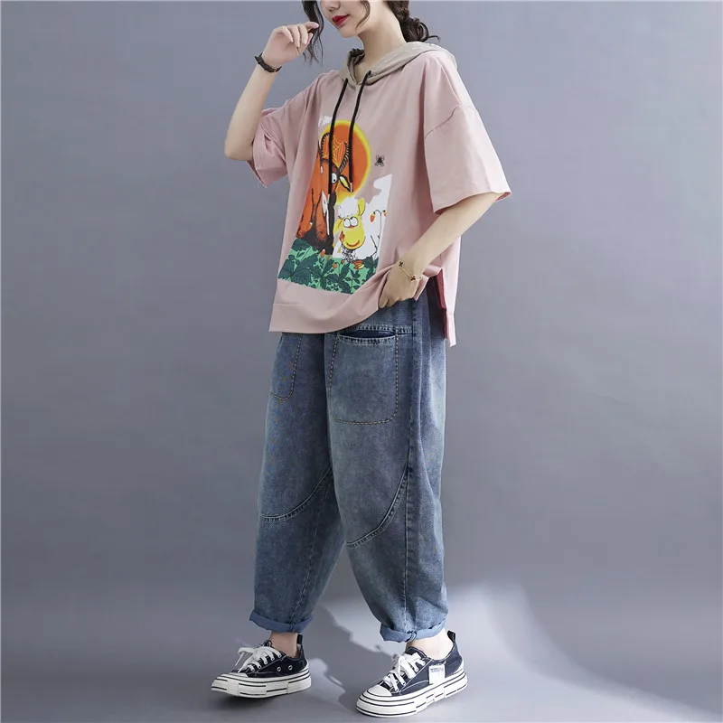 

BIG SIZE Summer Women Fashion Cow Pattern Print Hooded Tops Tee Ladies Female Plus Large Short Sleeve Cotton Loose Split T shirt