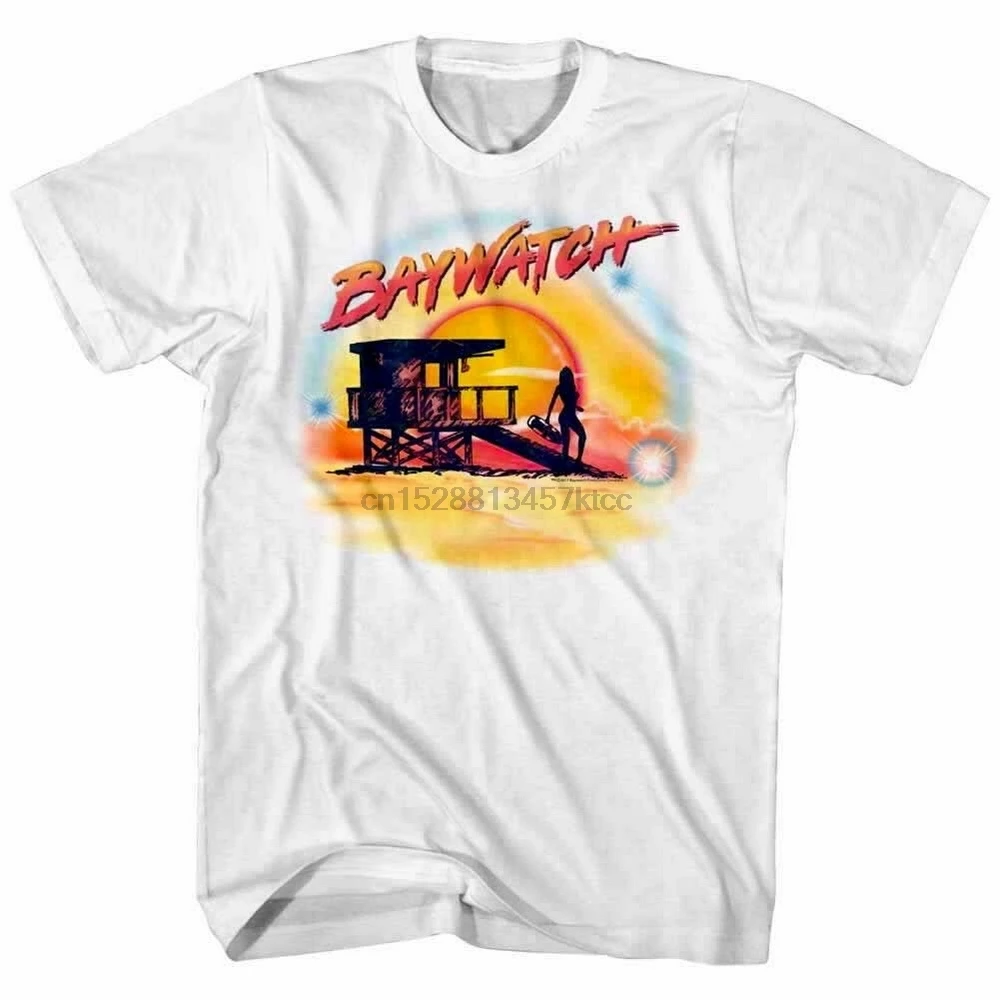 Мужская футболка Baywatch Lifeguard с силуэтами башни аэрографом картинками закатом