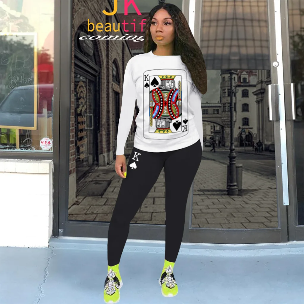 

Solid Color Poker Spades Q Print Long Sleeves Tops & Trousers Summer Women Suit Sexy Style Two Piece Set
