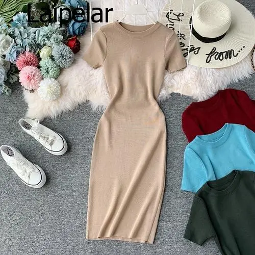 

2020 New Short Sleeve Solid Vintage Women Dress Korean Knit Stretch Waist Elegant Dresses O Neck Bodycon Vestidos