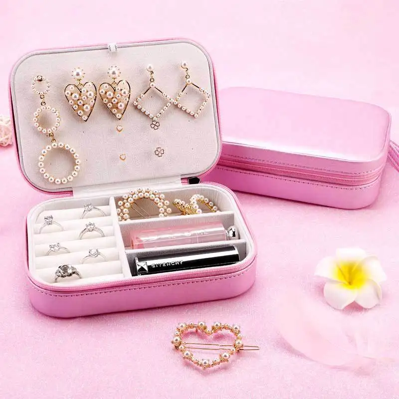 Fine Pink Jewlery Box Ring Earring Pendants Multifunction Double Layer Jewelry Packaging Cute Romantic Zipper Jewelry Organizer