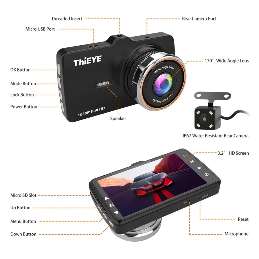 Видеорегистратор ThiEYE Carbox 5R 1080P Full HD фронтальная камера с водонепроницаемостью 720P