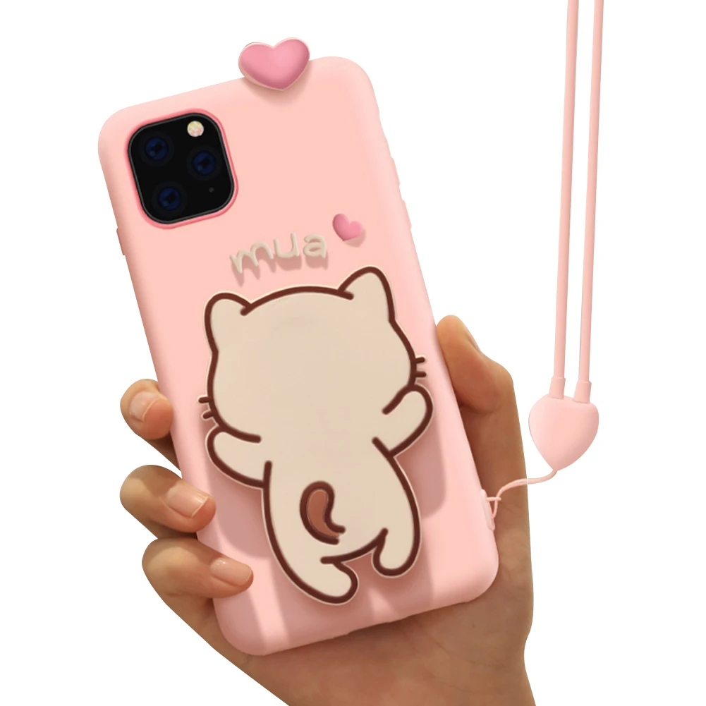 Милый силиконовый чехол-держатель для iPhone 11 Pro Max с изображением кота из мультфильма, поддержка подставки, ремешок через плечо, веревка для iPhone X XS XR