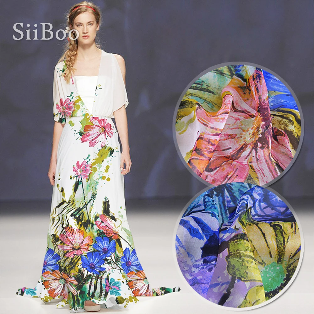 Шифоновая ткань из 100% чистого шелка с Европейским цветочным принтом для женщин