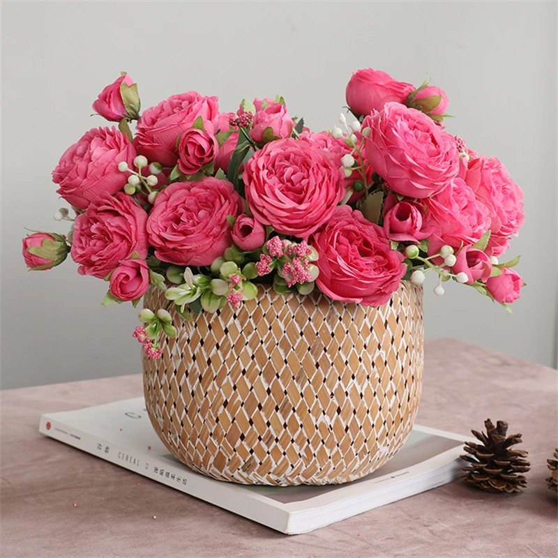 

Artificial RoseFlowers 1 Bundle Silk Peony Bouquet Home Decoration Wedding Party Scrapbook Fake Plants Diy Accessories Pompons