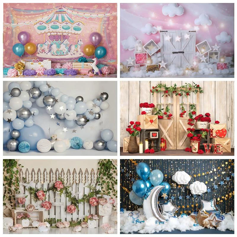 

Birthday Backdrop Photocall Flower Balloon Glitters Photography Prop Personalized Photographic Background For Photo Studio