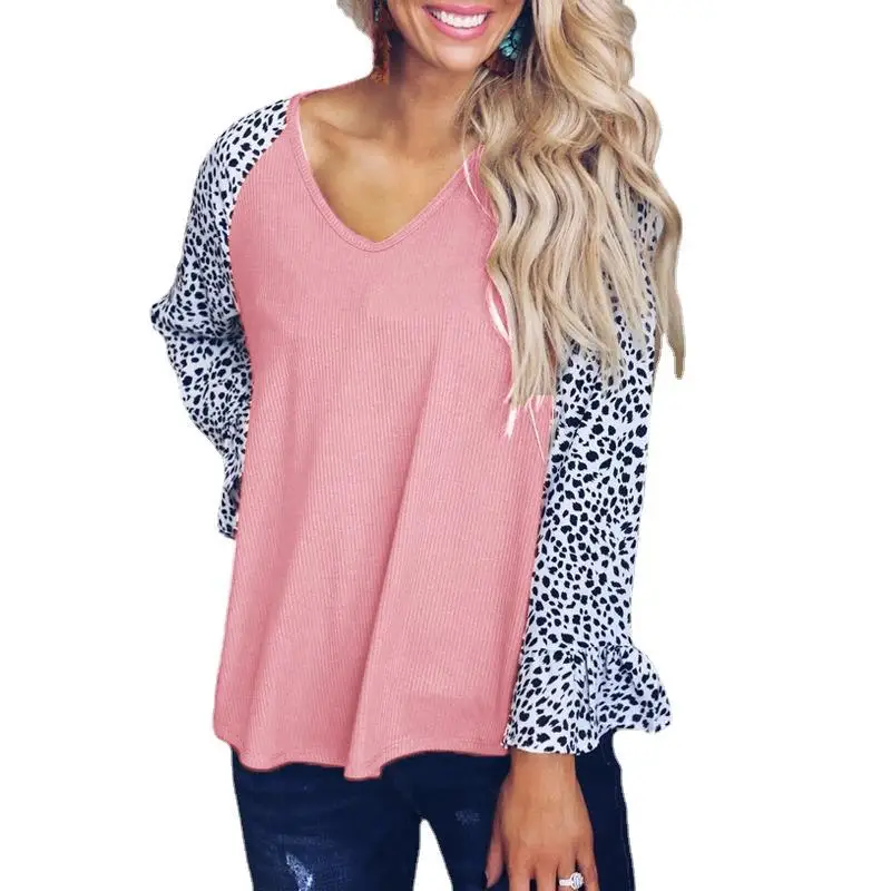 

Женский топ с леопардовым принтом, свободная повседневная футболка с V-образным вырезом и длинными рукавами, осень 2021