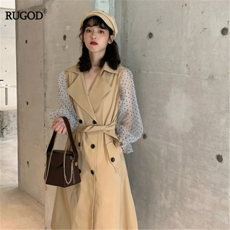 RUGOD 2019 New Autumn Winter Women Patchwork Trench French Style Mesh Polka Dot Lantern Sleeves Stiching Coat Tunic Slim Jacket | Женская