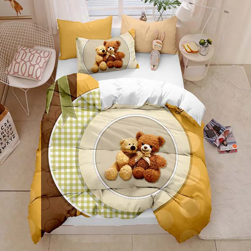 

Cute Toy Teddy Bear Bedding Set Yellow Cartoon Douet Cover for Kids 3d Quilt 150 Bed Set Children Room Bed Linens Home Textiles