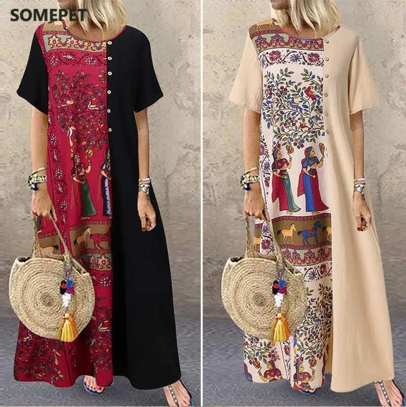 

Women Bohemian Sundress Vintage Printed Patchwork Dresses Short Sleeve Vestidos Cotton Linen Baggy Beach Party Robe Dress
