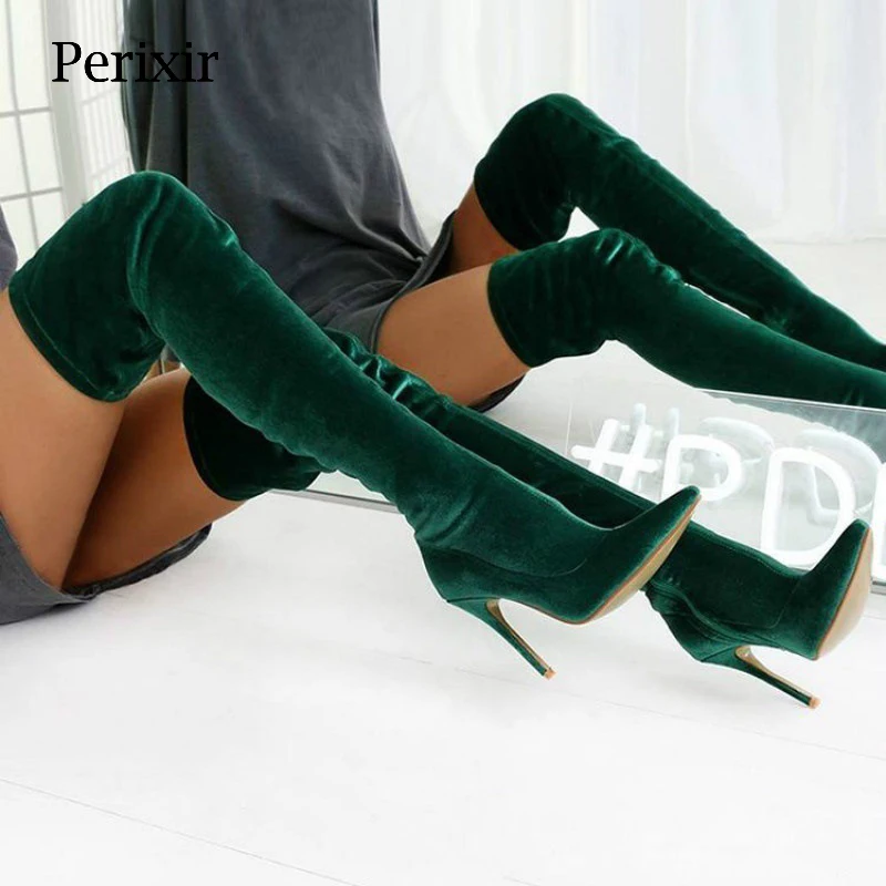 

Perixir Design Women Over The Knee High Boots Side Zipper Flock Pointed Toe Stiletto Heel Footwear Fashion Lady Winter Shoes