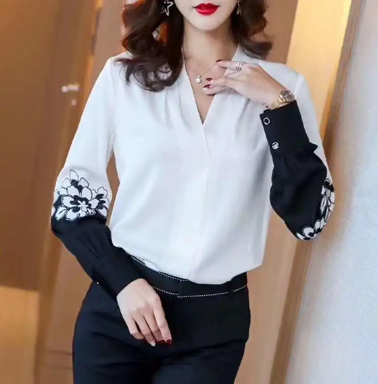 

Top Quality Silk Blouses 2020 Spring Summer Tops Women V-Neck Color Block Flower Print Long Sleeve Elegant Blouses Female Shirt