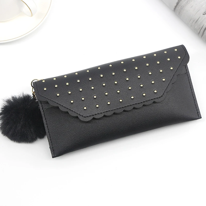 2022 Wallet For Women New Retro Rivet Hasp Long Ladies Wallet Card Purse PU Leather Wallet With Fur Ball Ornaments Phone Bag images - 6