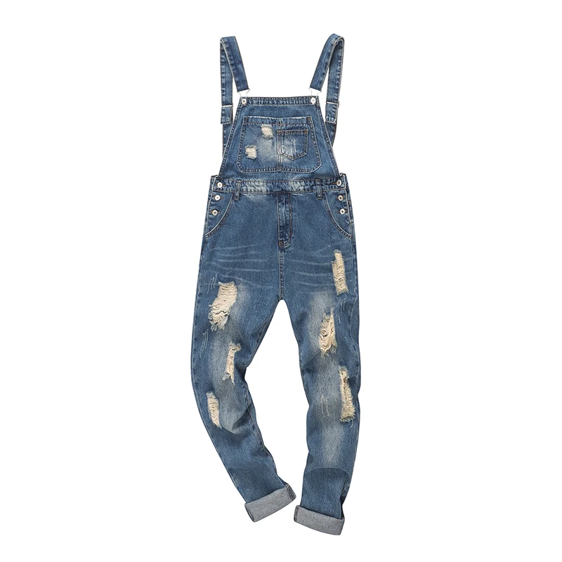 2021 new fashion men's ripped denim overalls jumpsuit youth distressed jeans