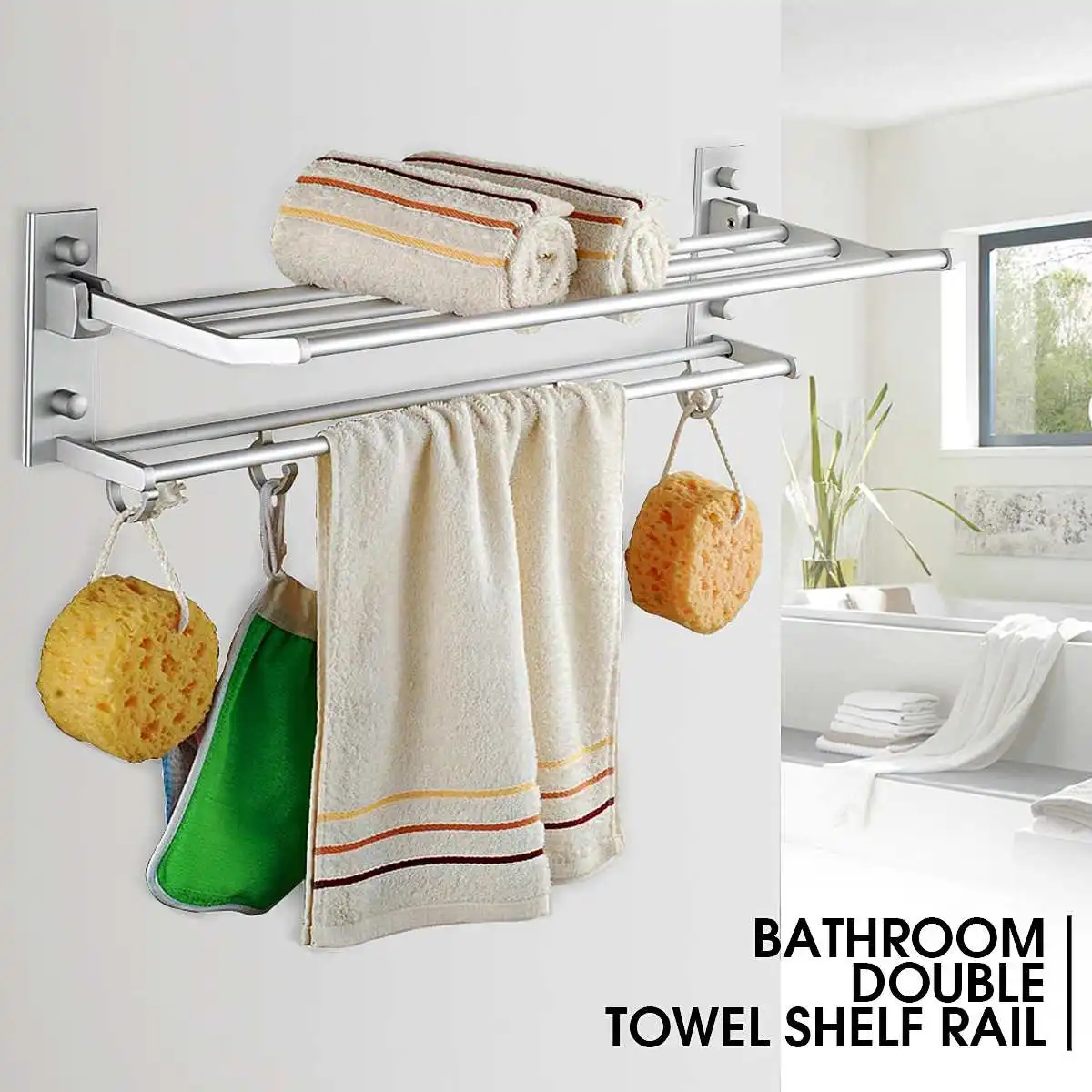 

2 Layer Alumimum Foldable Bathroom Towel Rack Holder Wall Mounted Storage Hanger Kitchen Hotel Towel Clothes Shelf With 5 Hooks