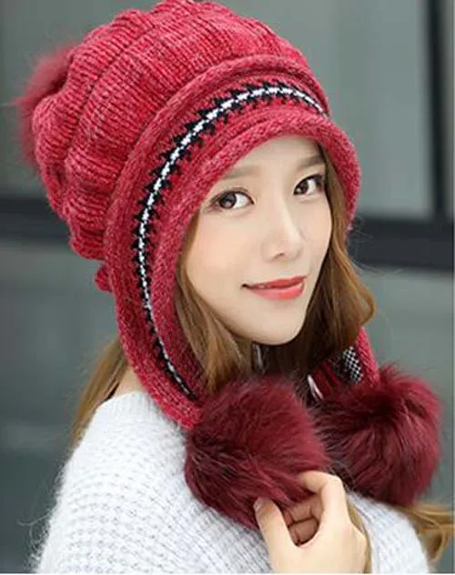 Winered hat Зимняя шапка с кроличьим мехом, перчатки, шарф, наборы, утолщенная плюшевая шерсть, теплая шапка s, женская вязаная шапка, уличная ветрозащитная Ушная Лоскутная широкий берет-Боб - Цвет: Winered hat