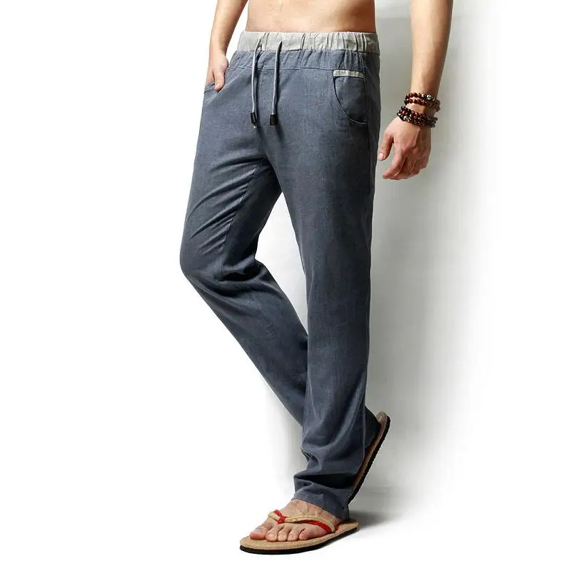 Мужские брюки льняные на шнурке штаны прямой максимальной длины однотонные