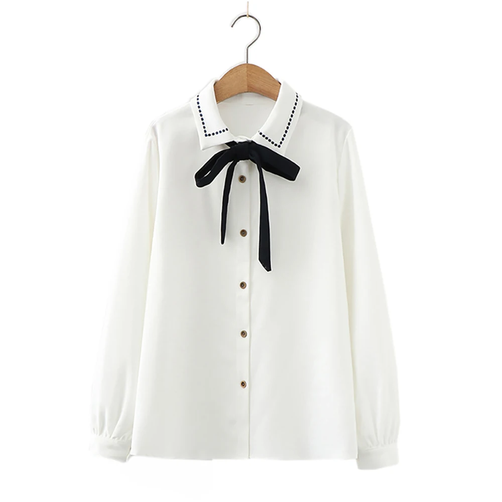 

2021 New Japanese Preppy Style Women Blouse White Khaki Blue Elegant Bow Blusas Cute Kawaii Sweet Mori Girl Loose Shirt