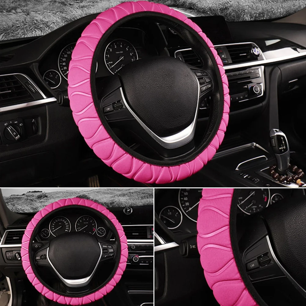 

Universal Pink/Black Plush Steering Wheel Cover Winter Furry Fluffy Plush 37-38cm Car Wheel Protector Cover