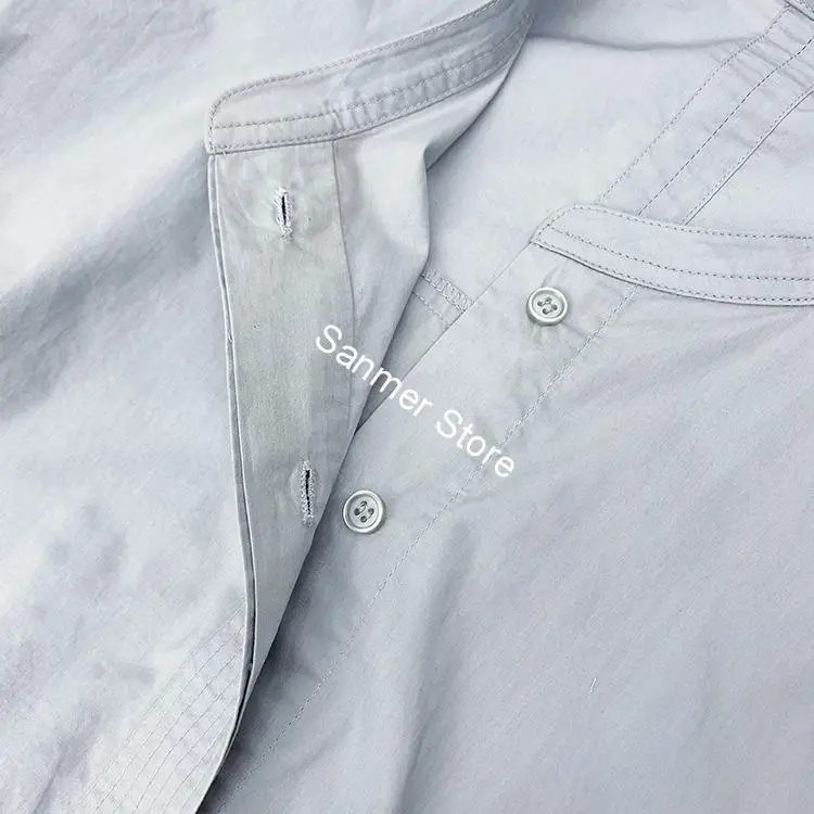 

Women Shirt Dress Cotton Loose Stand Collar Simple Half Sleeve Female Casual Knee-length Dresses with Buttons 2020 Summer