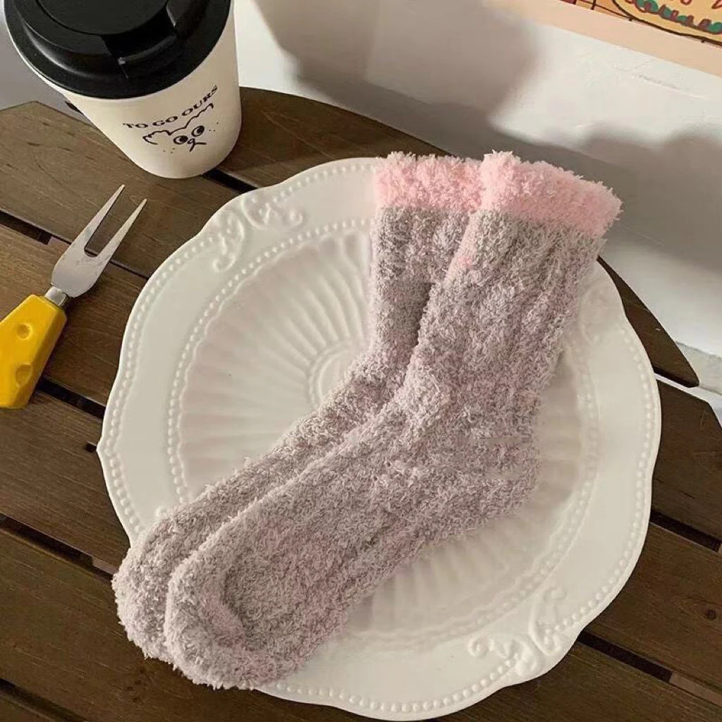 Women Socks Thicken Coral Velvet Cute Breathable Candy Colors Sweet Soft Home Floor Middle Tube Hosiery Female Fall Winter Warm | Женская
