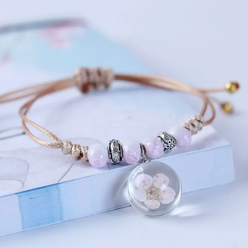

Dry Flower Bracelet Sweet Time Crystal Glass Ball Retro Style Peach Blossom Woven Bracelet Women's Gift Bracelet