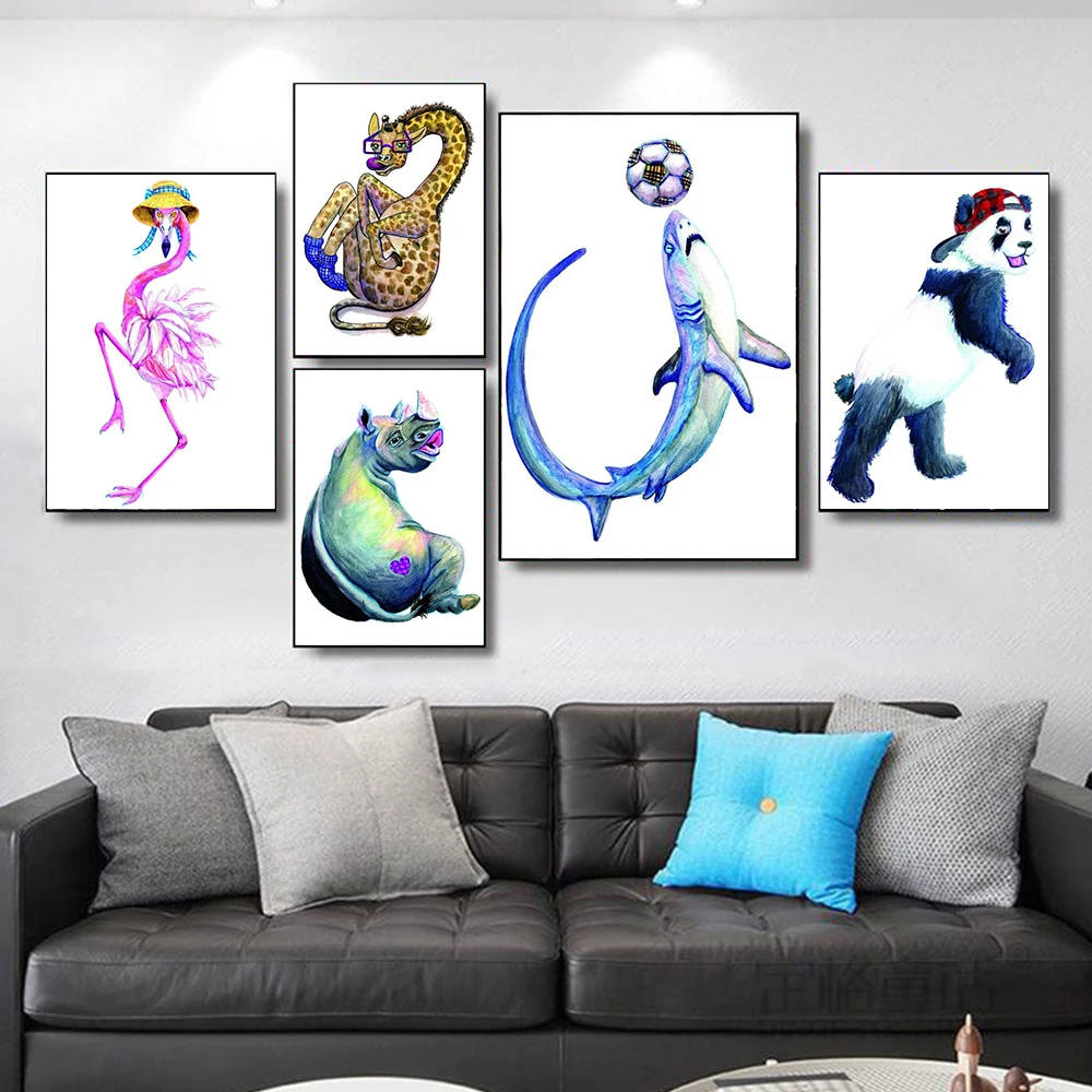 

Creativity Lovely Animal Panda Whale Rhinoceros Flamingo Wall Art Posters Print Canvas Painting Living Room Corridor Home Decor