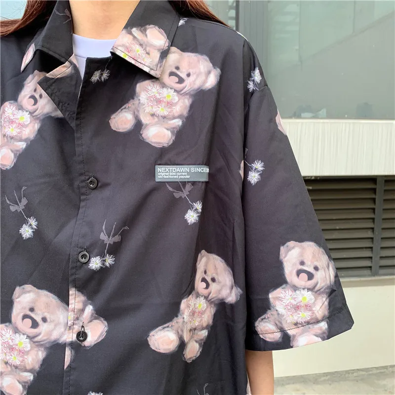 

Deeptown Kawaii Bear Print Blouse Women Summer Korean Short Sleeve Shirt 2021 Fashion Harajuku Button Up Tops Female Clothing