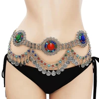 fashion ladies color plated coin tassel waist belly body chain belts for dresses women thin belt female long chains dance jewe