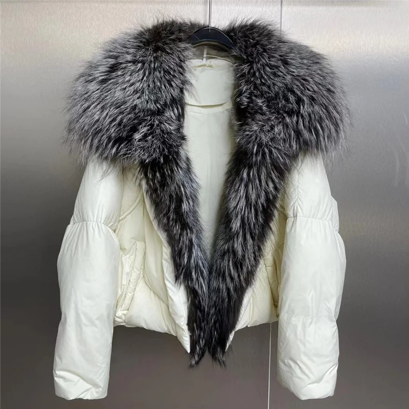 High-end Winter Thick White Duck Down Jacket Long Coat Women Real Large Silver Fox Fur Collar Warm Outwear enlarge