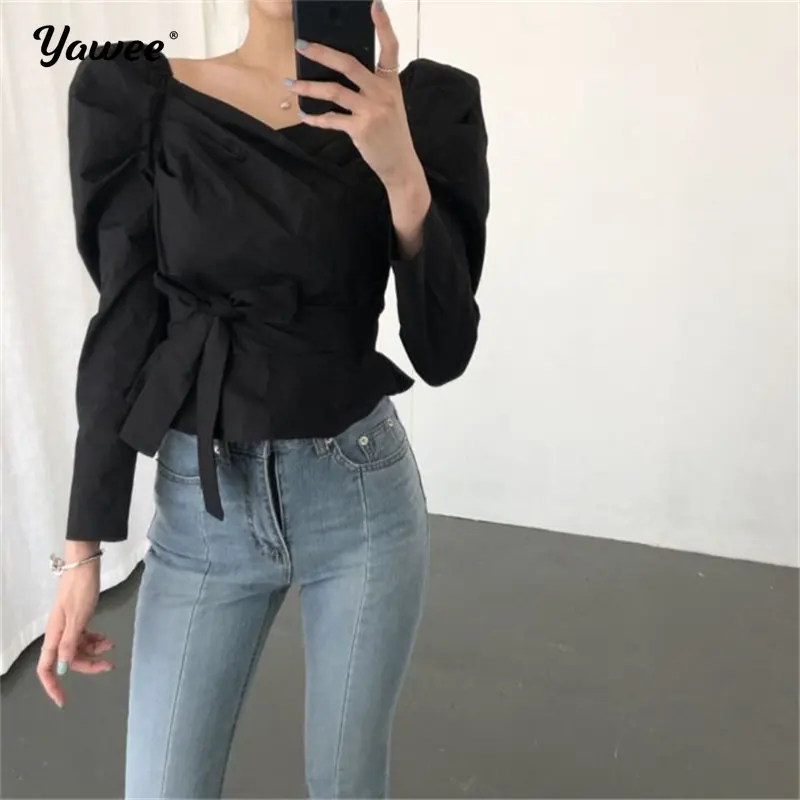 

Yawee Autumn 2020 Streetwear Women Puff-Sleeved Shirts Sexy All-Match Bare Shoulders Waist-Controlled Female Office Lady