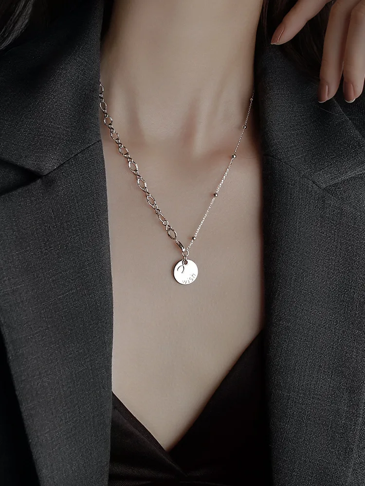 

s925 silver jewelry with vintage Thai silver round medal letter wish necklace tide prayer peace and happiness clavicle chain