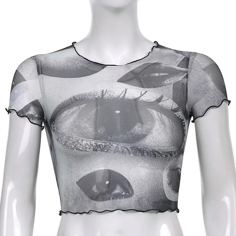 

Women's T-Shirt Summer New Unique Design Street Hot Girl Fungus Fashion Big Eyes Printed Mesh Short Sleeves