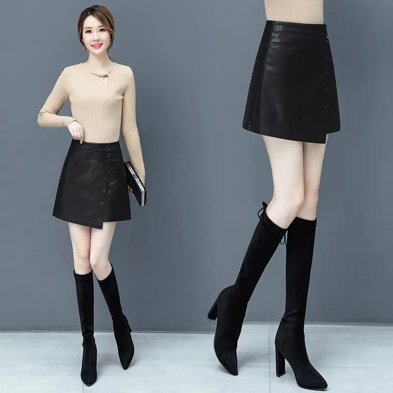 

Leather Skirt Women's Spring and Autumn A- line Dress PU Leather Skirt Large Size Woman Skirts Mujer Faldas Saias Mulher