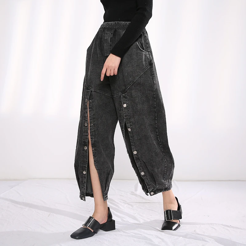 

LANMREM 2021 Tightness Waist Loose Blue Black Jeans For Women Personality High Street Tide Button Vent Denim Pants Spring YH722