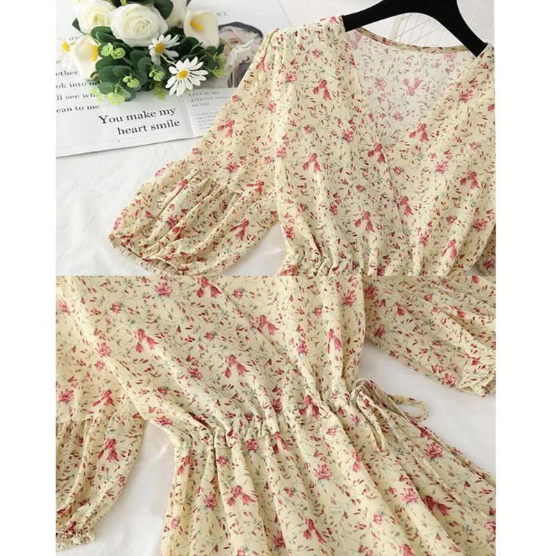 

2021 Summer Dress Women Ruffle Short-sleeve Chiffon Dress V-neck High Waist Floral Print Beach Long Dresses Elegant Vestidos