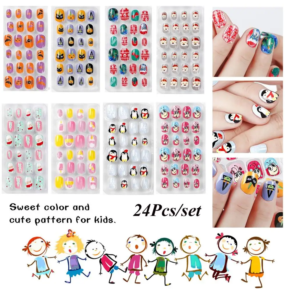 Накладные ногти для детей 24 шт. яркие Мультяшные накладные детские розовые