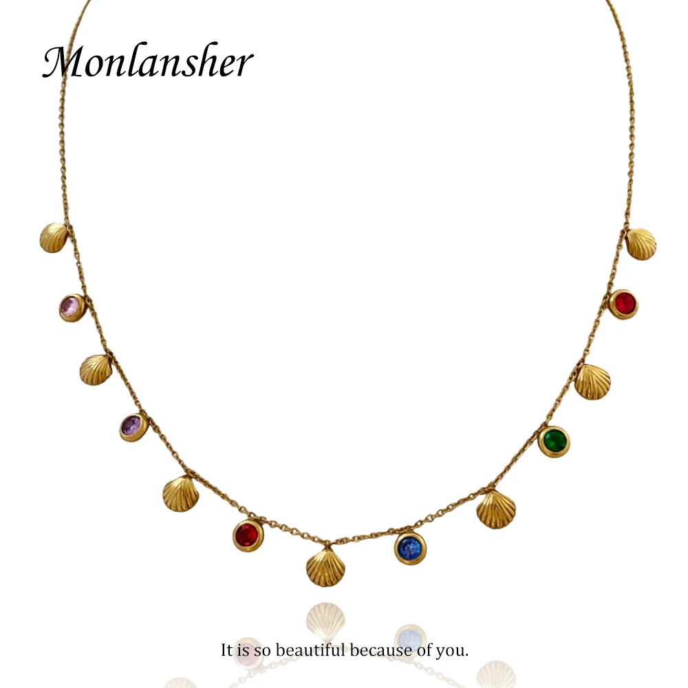 

Monlansher Gold Color Stainless Steel Metal Thin Chain Necklace For Women Trendy Colorful Zircon Necklaces Party Jewelry Gifts