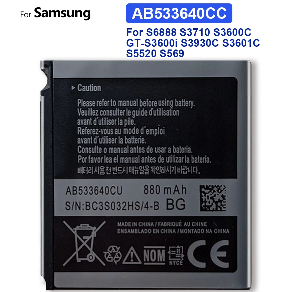 

AB533640CC AB533640CU /CK/CE Battery For Samsung S6888 S3710 S3600C GT-S3600i S3930C S3601C S5520 S569 880mAh with Track Code