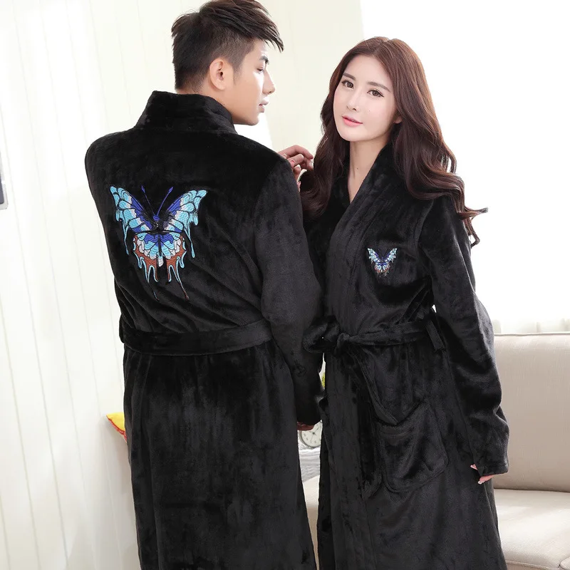 

New Autumn Winter Flannel Embroider Lovers Robes Couple Thick Coral Velvet Gown Men And Women Loose Casual Sleepwear Bathrobe