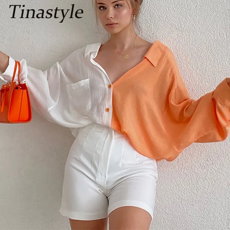 

Tinastyle Patchwork Loose Casual Shirt Women Blouse Turn Down Collar Buttons Oversize Fashion Tops Ladies Pocket Casual Outwear
