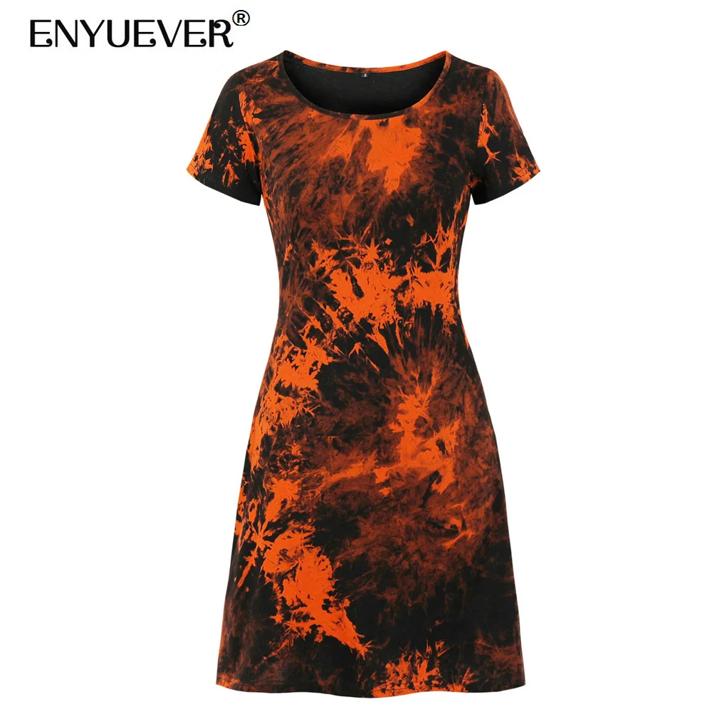 

Enyuever Women Summer Dresses Casual Clothes Short Sleeve Elegant Simple High Street Tie Dye Print Party Ladies Dresses Vestidos