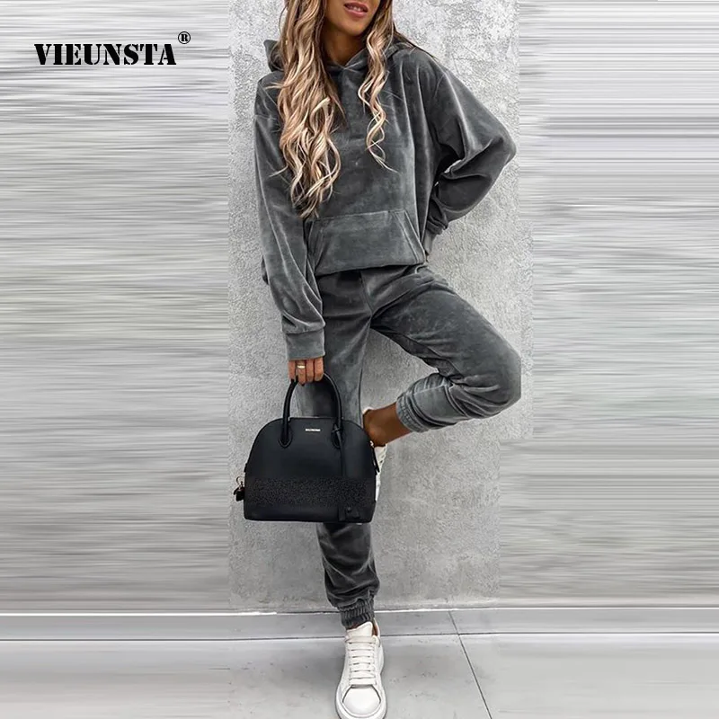 

Vintage Velvet Hooded Women Tracksuit Spring Autumn Long Sleeve Sweatshirt Tops And Casual Pants Suit Ladies Solid Two Piece Set
